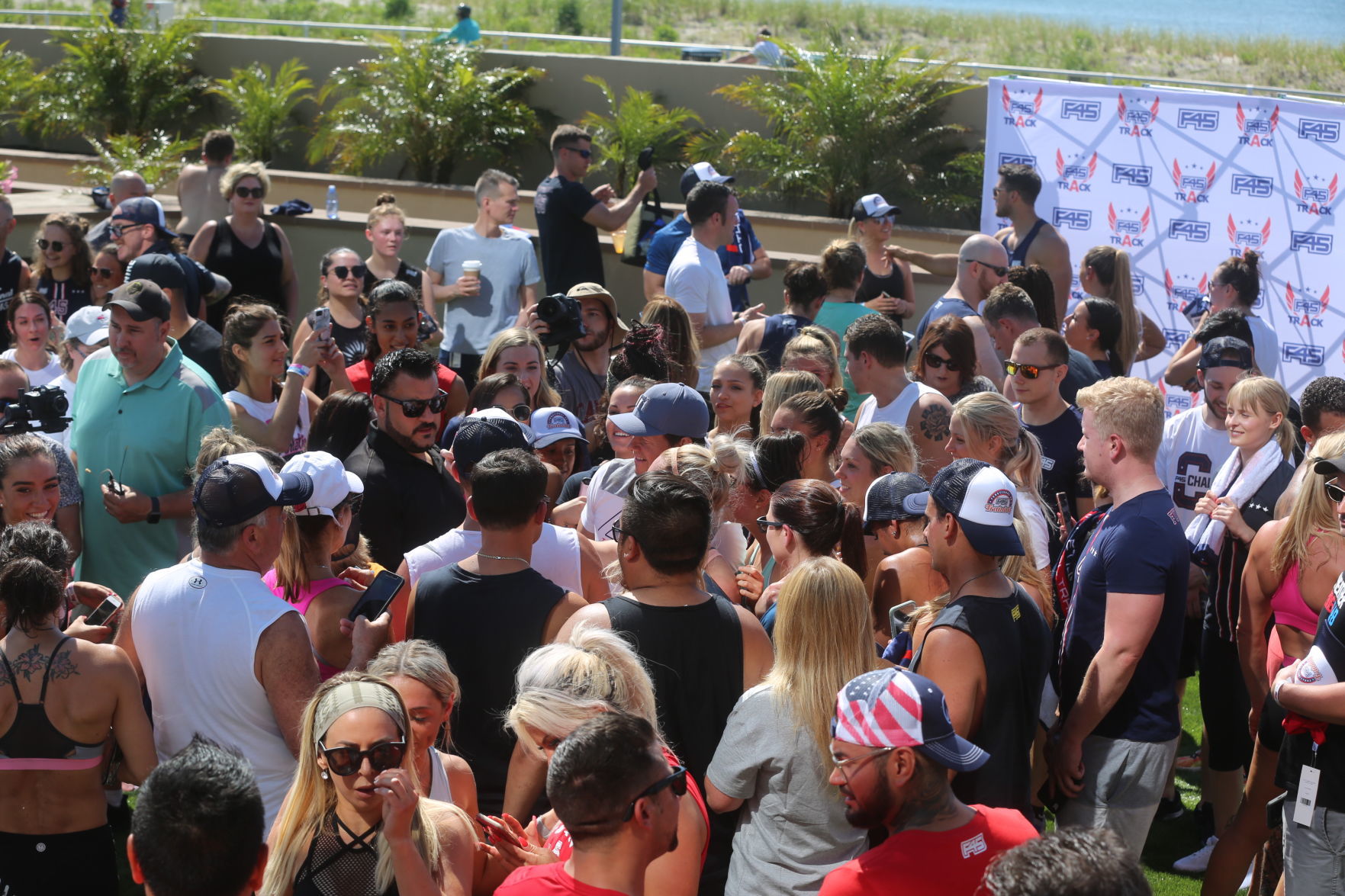 Actor Mark Wahlberg helps to lead a F45 track workout at Ocean Casino Resort in Atlantic City as part of the casino's one-year anniversary Saturday, June 22, 2019.
